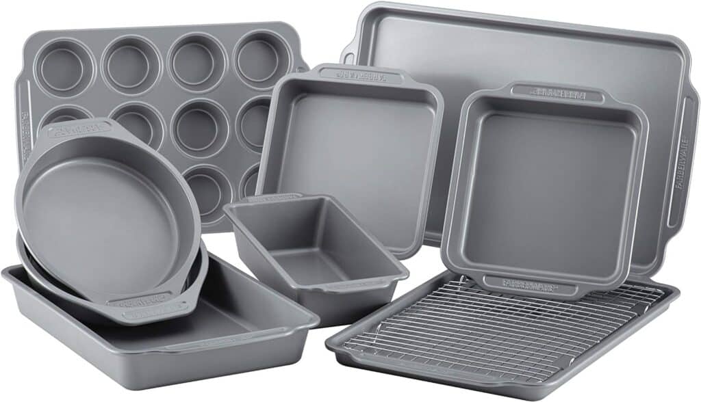 a group of baking pans and sheets