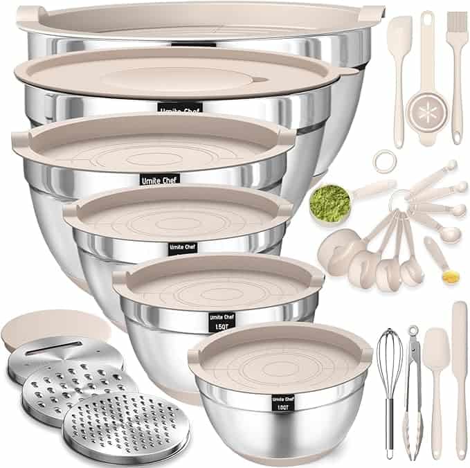 a group of mixing bowls and utensils