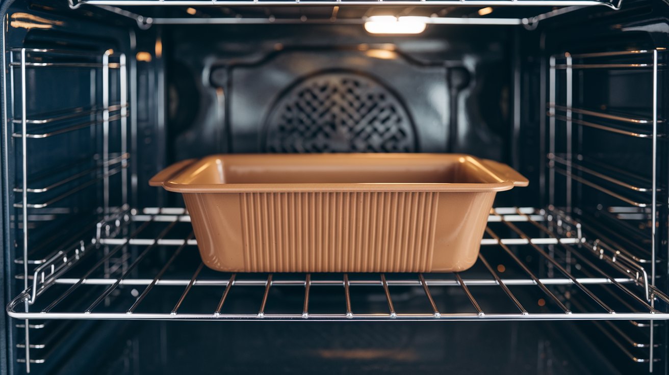 Silicone bakeware placed directly on an oven rack inside a modern oven, ready for baking.