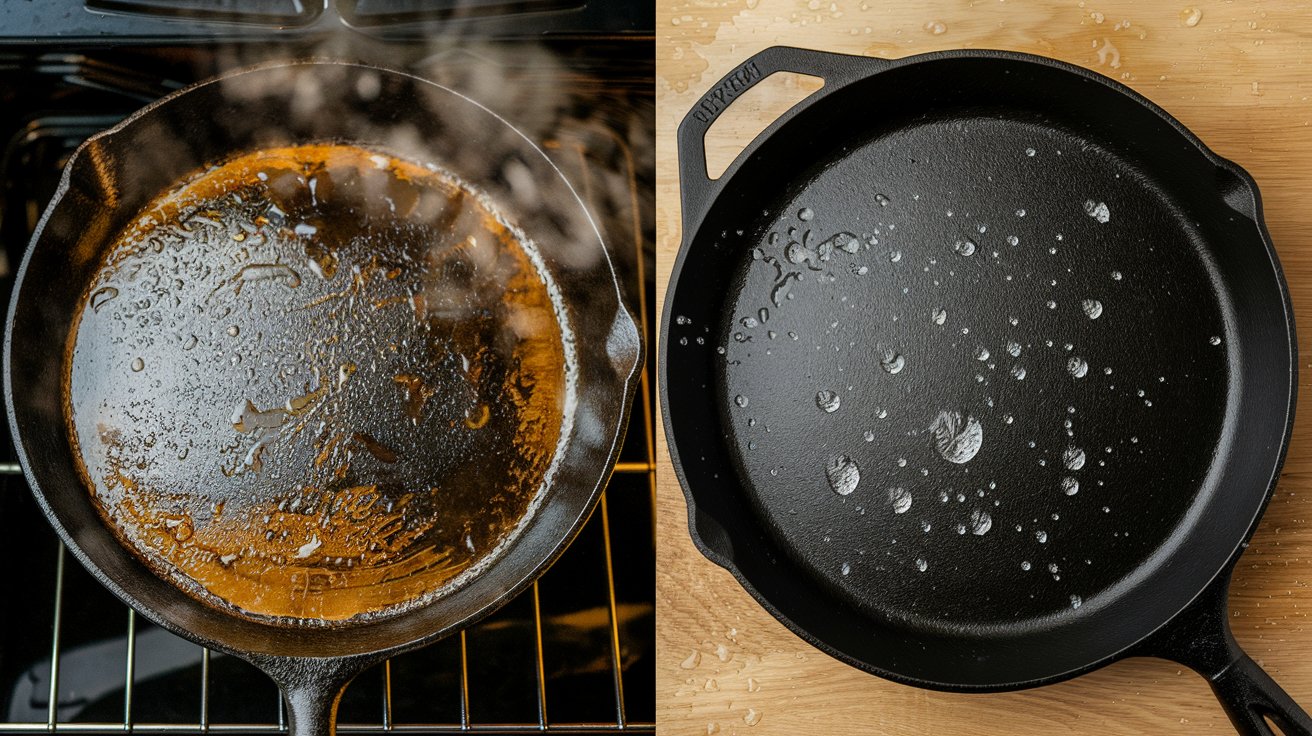 A comparison image showing seasoned vs. unseasoned cast iron cookware and bakeware