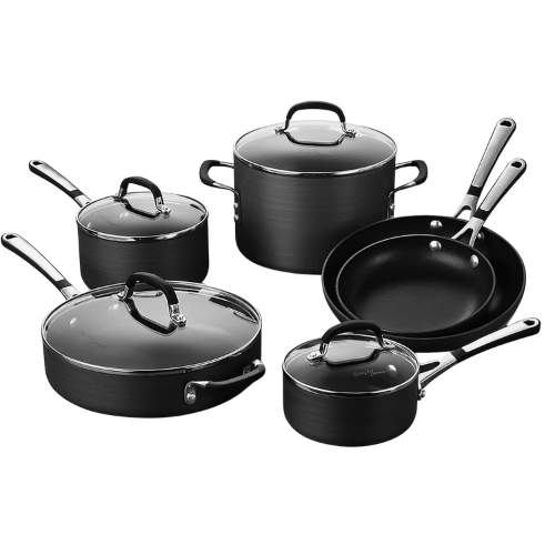 Calphalon 10-Piece Non-Stick Kitchen Cookware Set, Black Pots & Pans with Stay-Cool Stainless Steel Handles Calphalon 10-Piece Non-Stick Kitchen Cookware Set, Black Pots & Pans with Stay-Cool Stainless Steel Handles