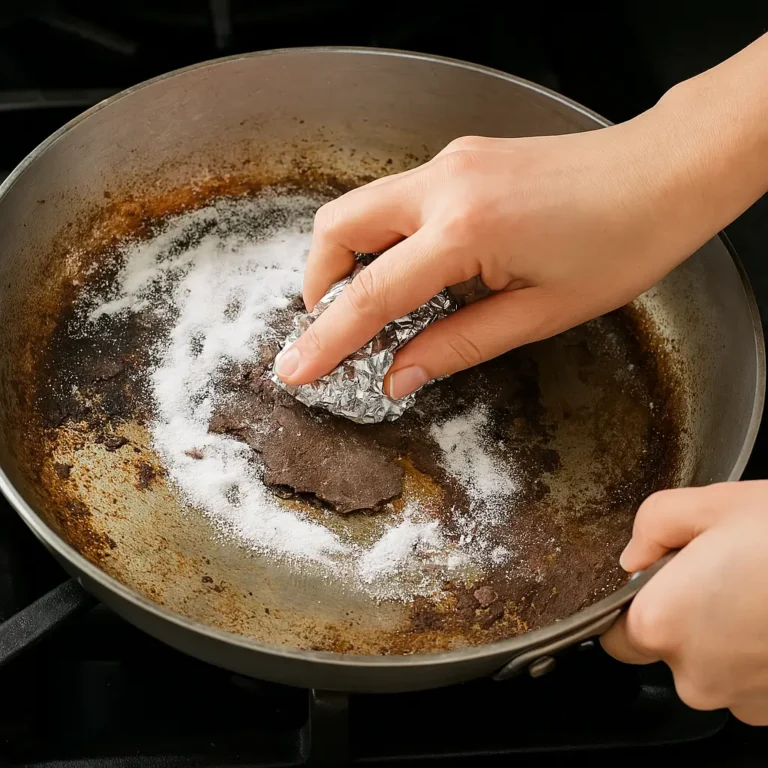 The image shows a burnt fry pan and female hands scrubbing with foil to clean it.