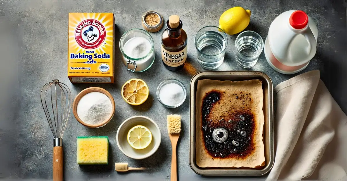 8 Super-effective Methods To Clean Burnt Pans and Pots. The image shows cleaning materials like baking soda, vinegar, salt, lemon, dryer sheet, sponge, brushes etc.