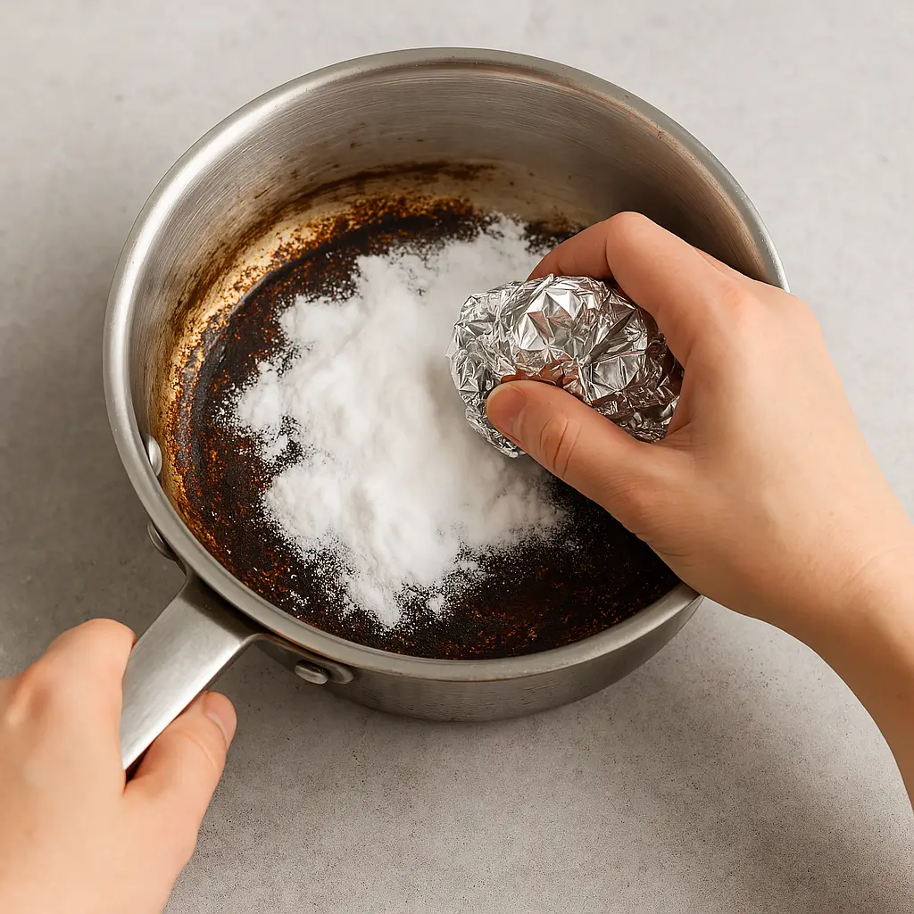 The image shows a cleaning method of burnt pan with baking soda and aluminum foil