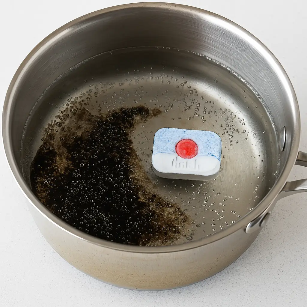The image shows the cleaning process of a burnt silver pot bottom with a dishwasher tablet in hot boiling water.