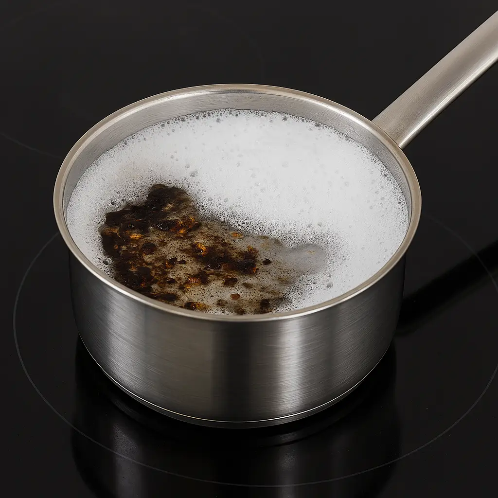 The image shows the cleaning of a burnt saucepan with vinegar and baking soda.