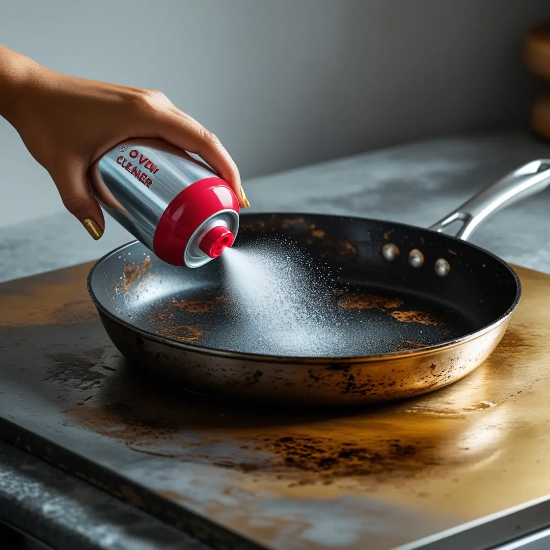 The image shows the cleaning process of a burnt stainless steel fry pan with oven spray