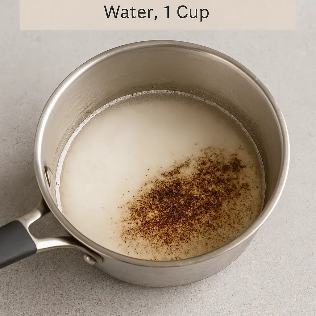 The image shows the cleaning process of the burnt pot with cream of tarter