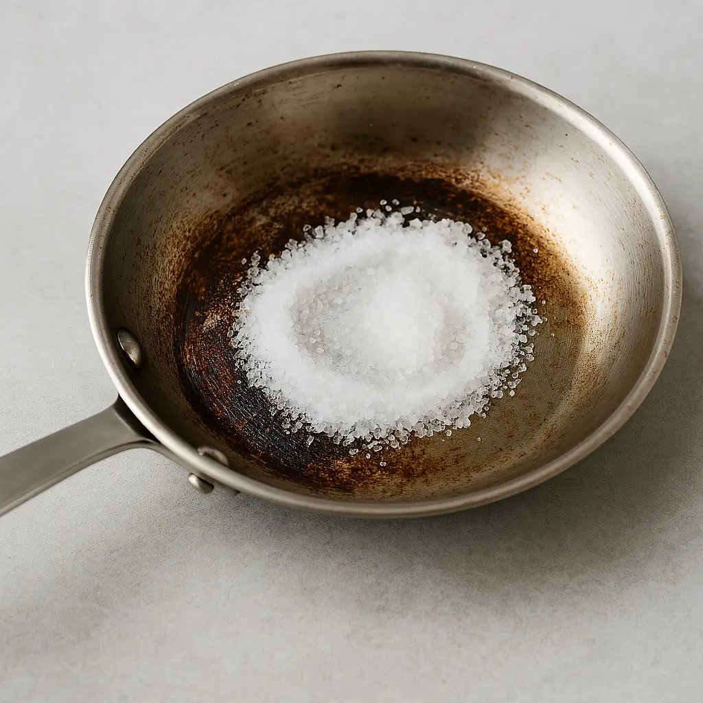 The image shows the cleaning process of the burnt skillet with salt