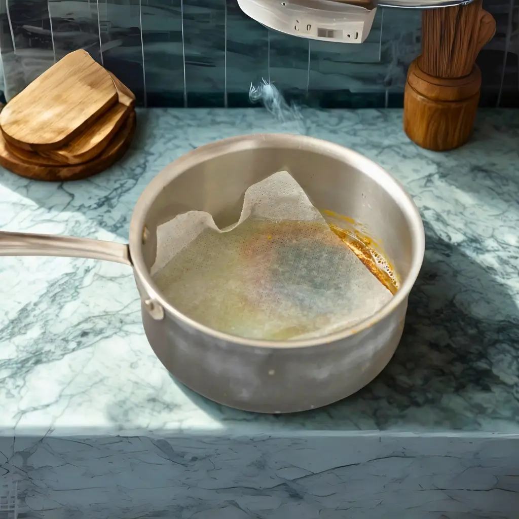 The image shows a scorched fry pan with a dryer sheet in it submerged.